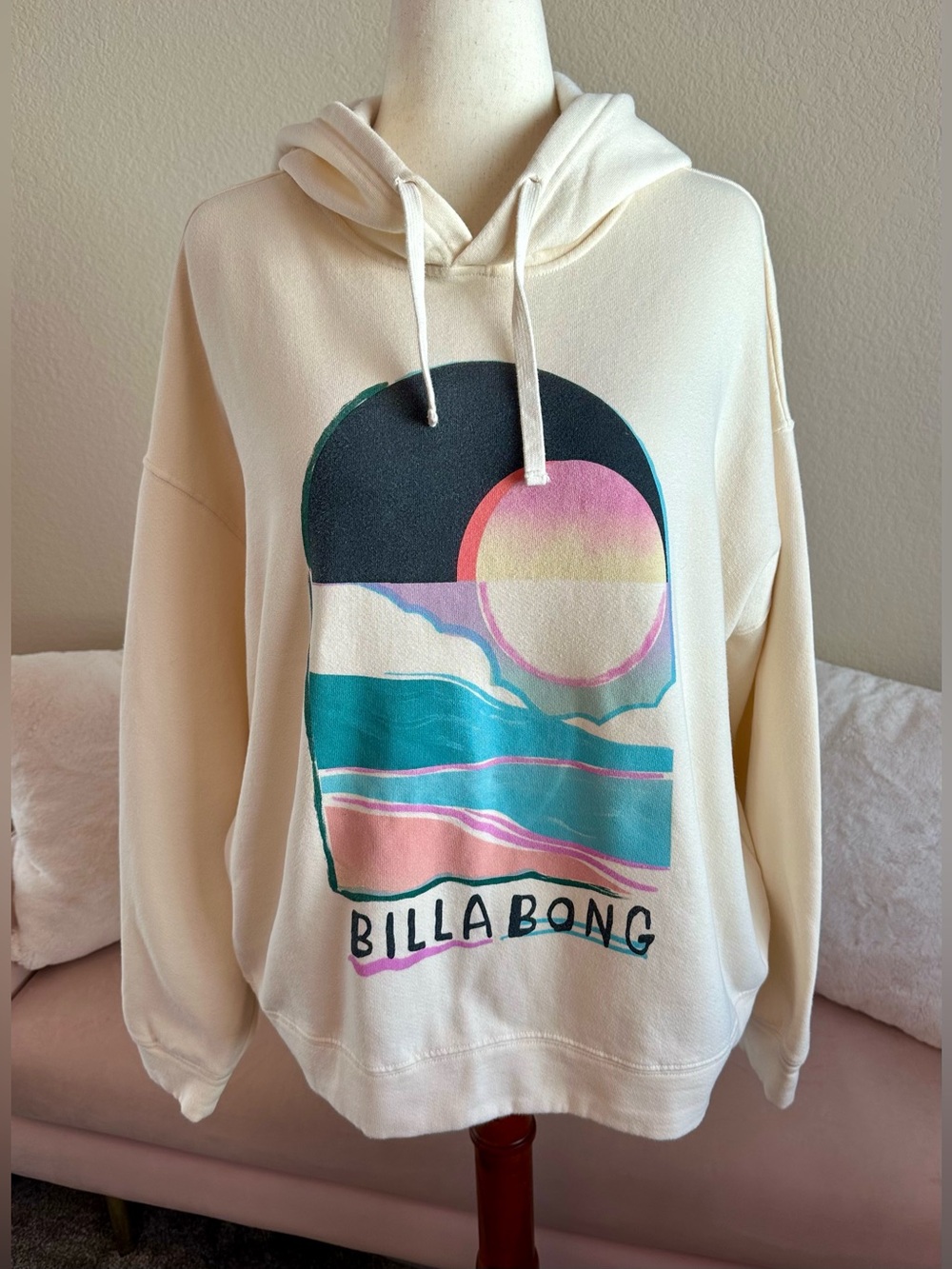 Billabong Keep It Up Hoodie Pullover Graphic Sweatshirt Ivory Womens L Oversized